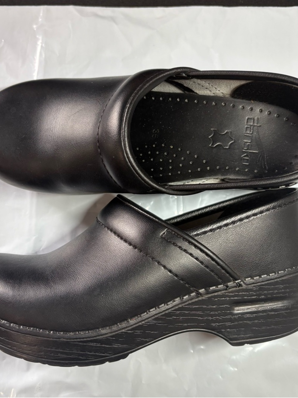 Dansko Black Leather Clog Mules with Low Platform